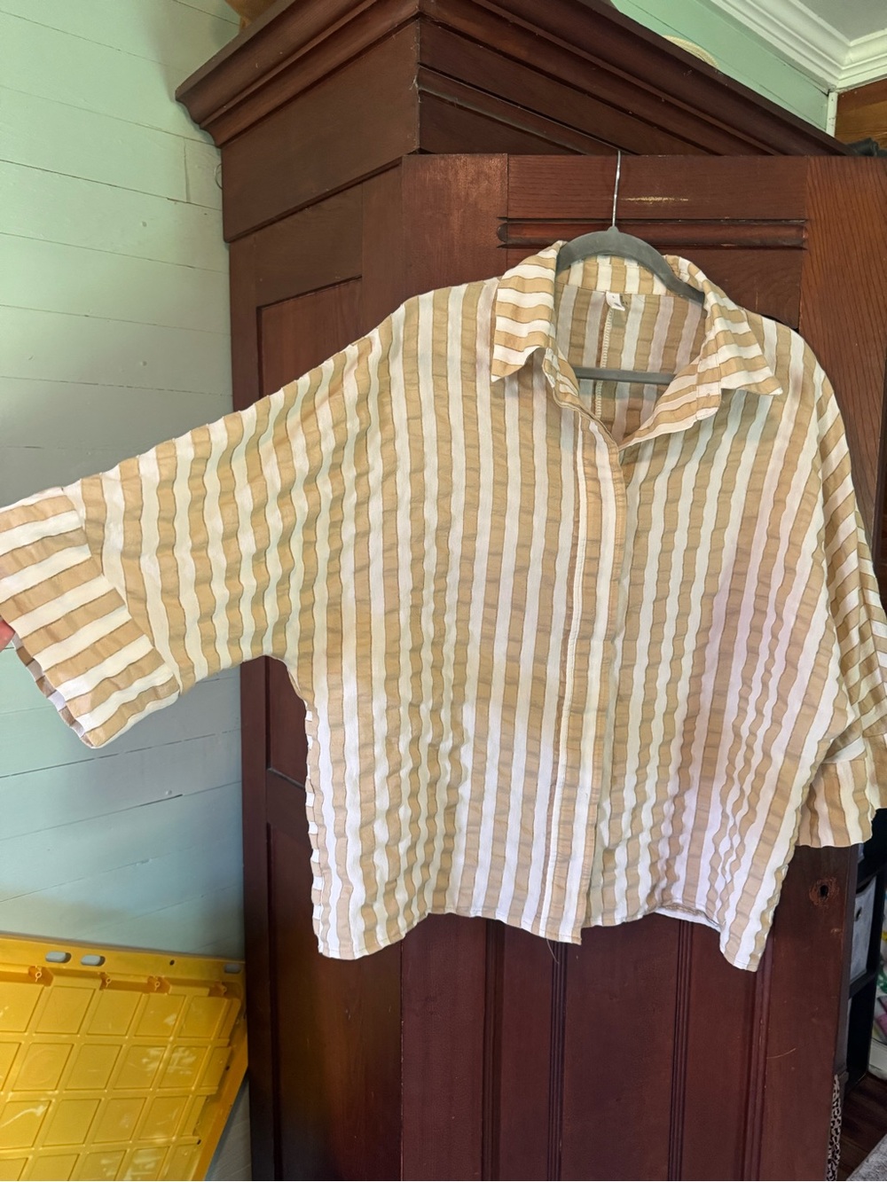 Glam Relaxed Striped Button-Front Top in Cream and Tan